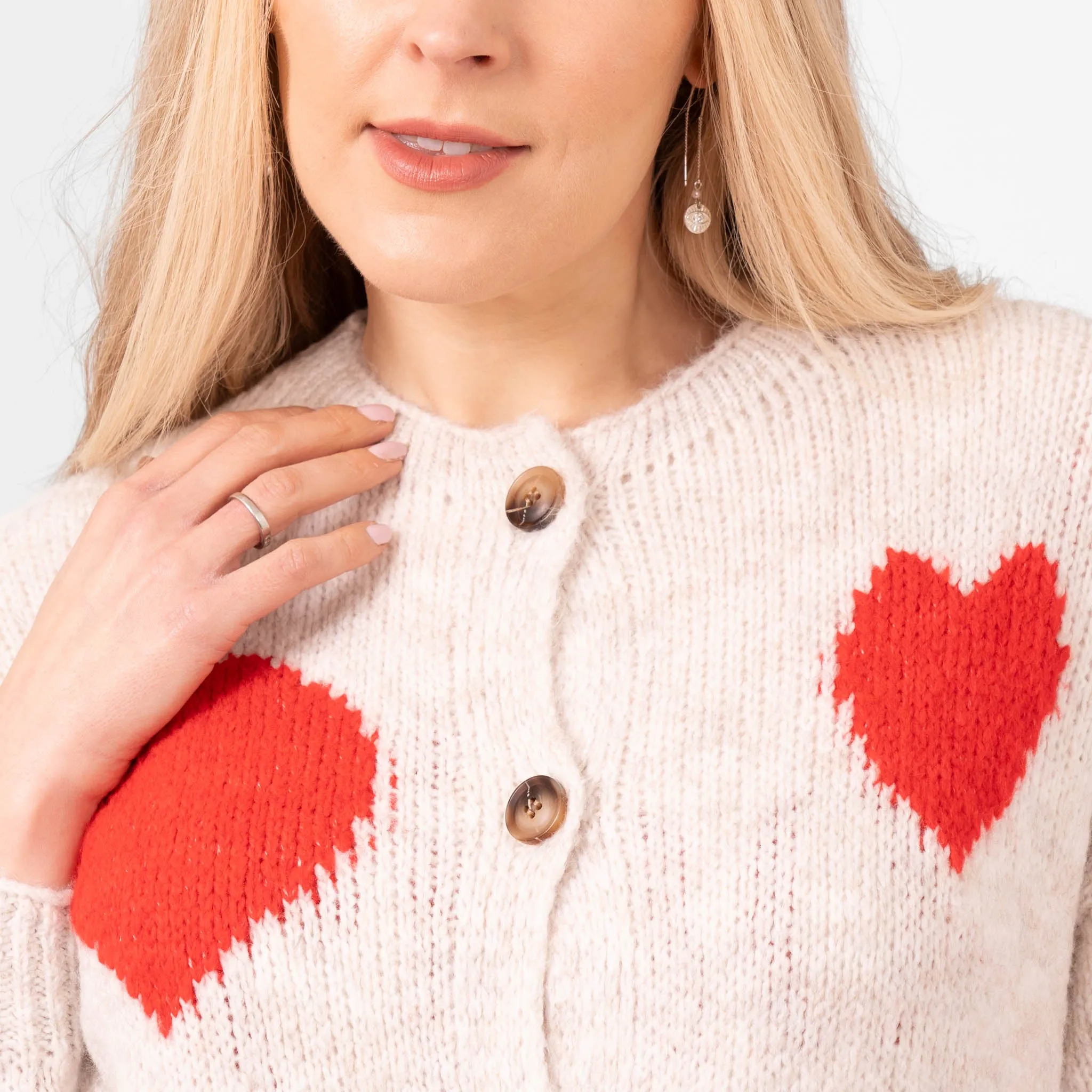 Lexi Wool Blend Cardigan - Cream/Red, Love Hearts