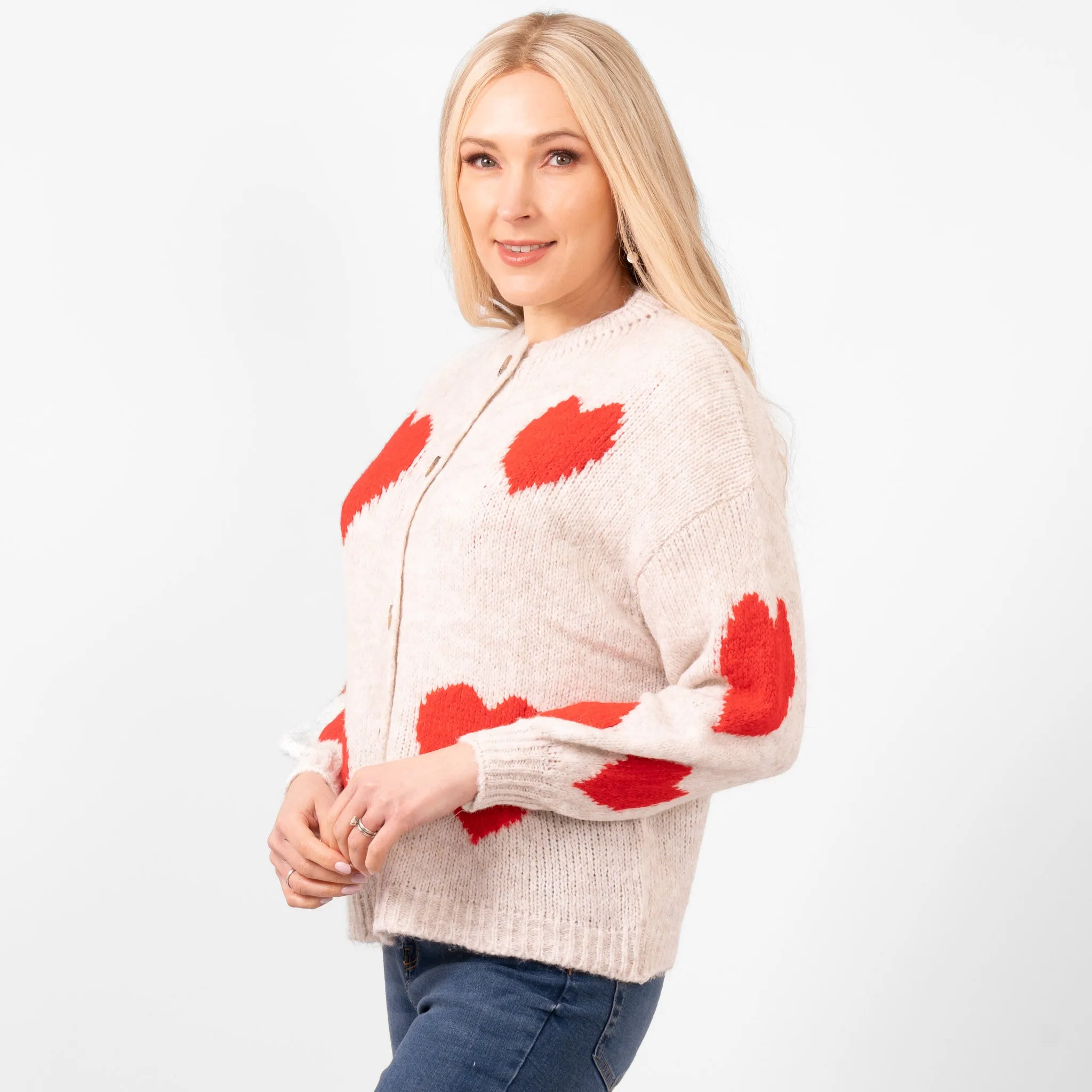 Lexi Wool Blend Cardigan - Cream/Red, Love Hearts