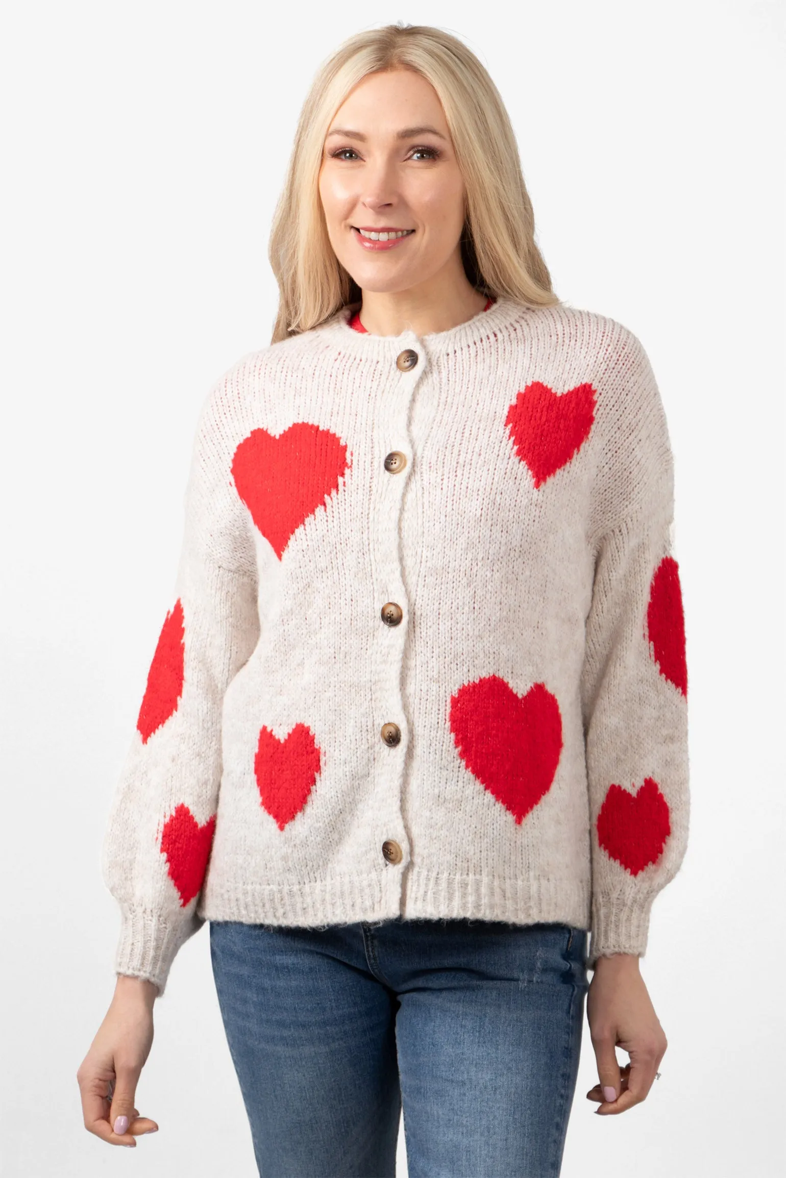 Lexi Wool Blend Cardigan - Cream/Red, Love Hearts