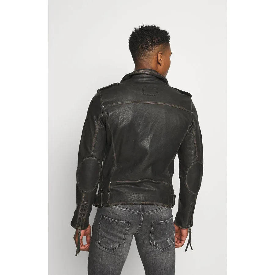 Mens Black Distressed Leather Biker Jacket