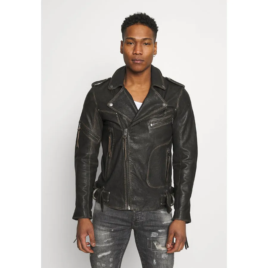 Mens Black Distressed Leather Biker Jacket