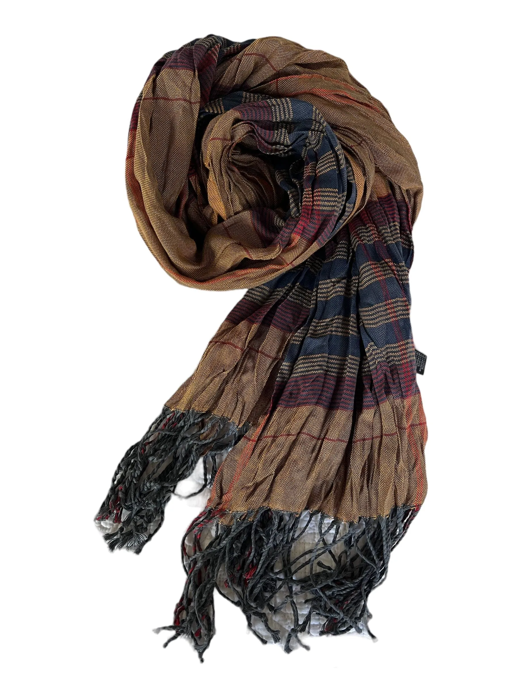 Mens Scarf - Unisex Scarf - Camel Red Blue Plaid