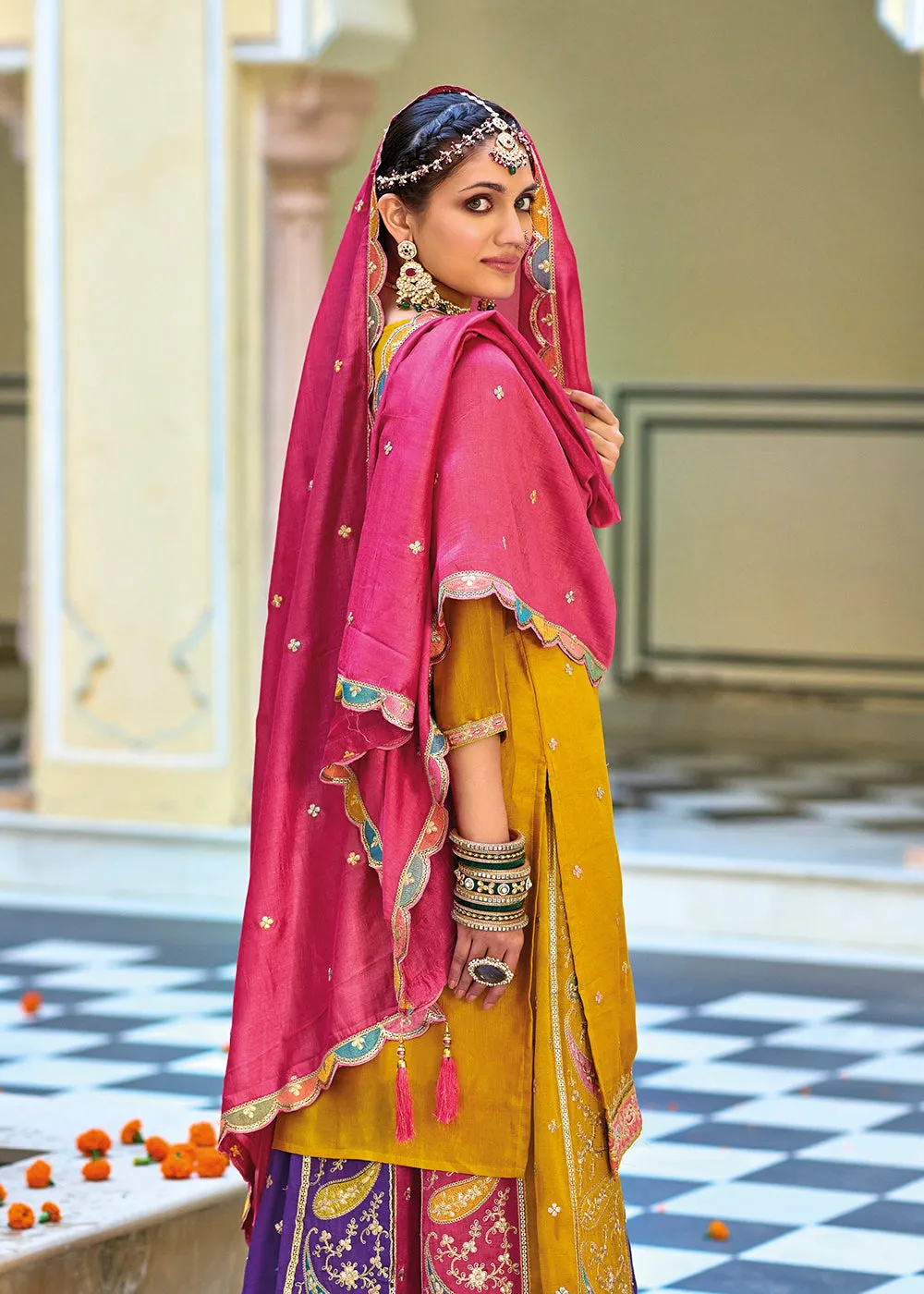 Multicolor Mustard Premium Silk Kurti Style Lehenga Suit