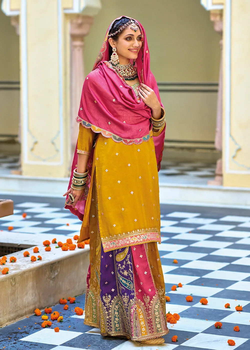 Multicolor Mustard Premium Silk Kurti Style Lehenga Suit