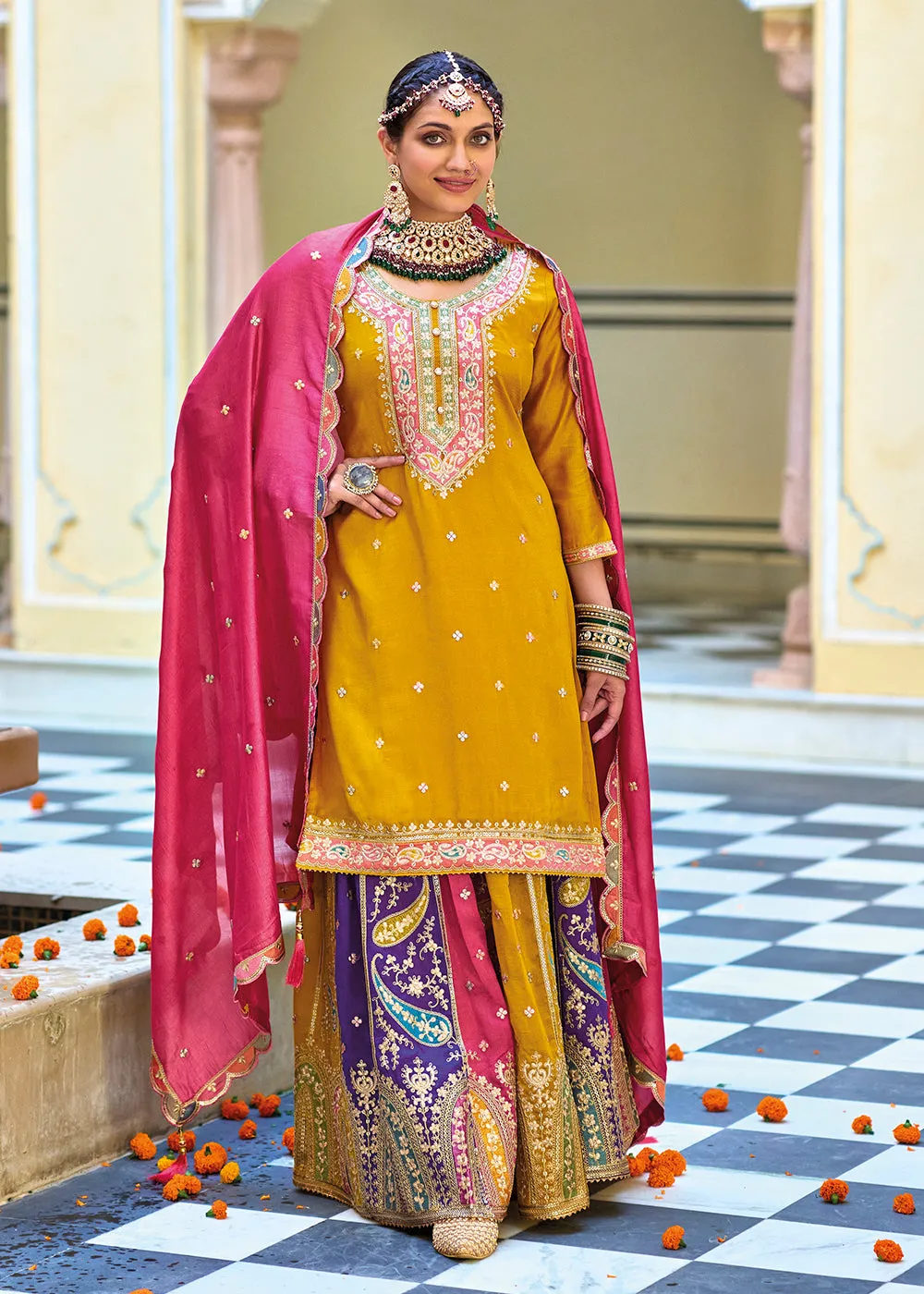 Multicolor Mustard Premium Silk Kurti Style Lehenga Suit
