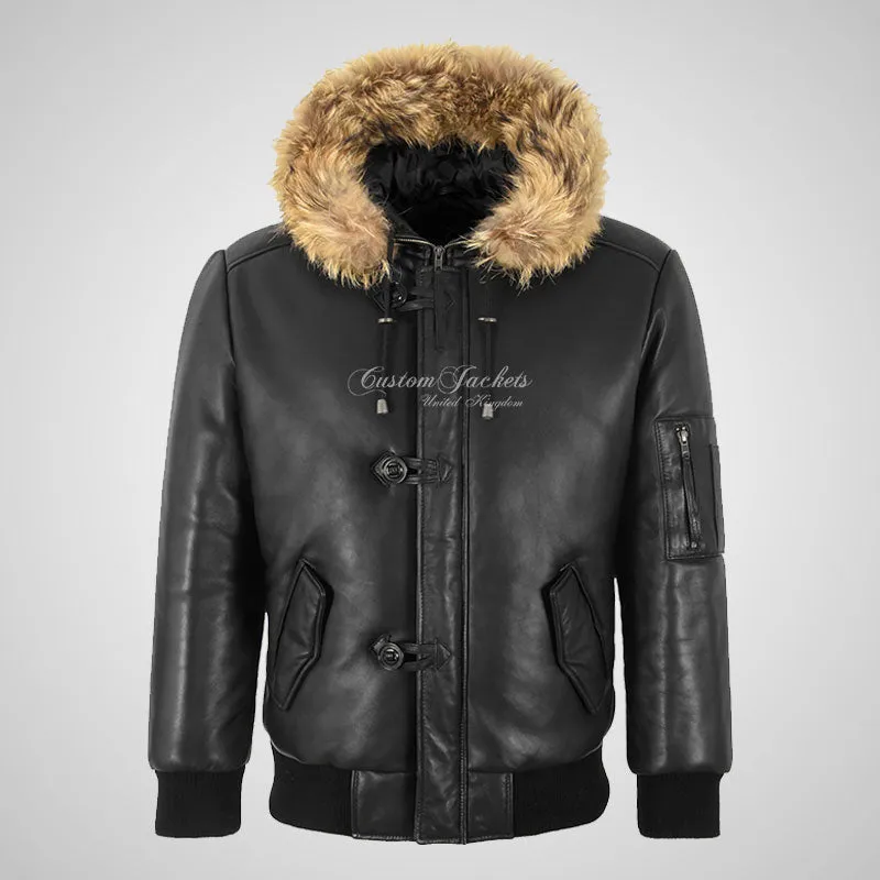 MYTHOS Mens Hooded Leather Bomber Jacket Fur Hooded Soft Leather