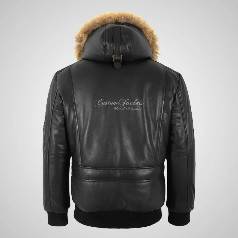 MYTHOS Mens Hooded Leather Bomber Jacket Fur Hooded Soft Leather