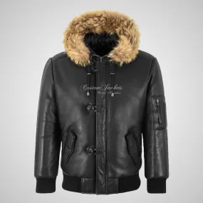 MYTHOS Mens Hooded Leather Bomber Jacket Fur Hooded Soft Leather