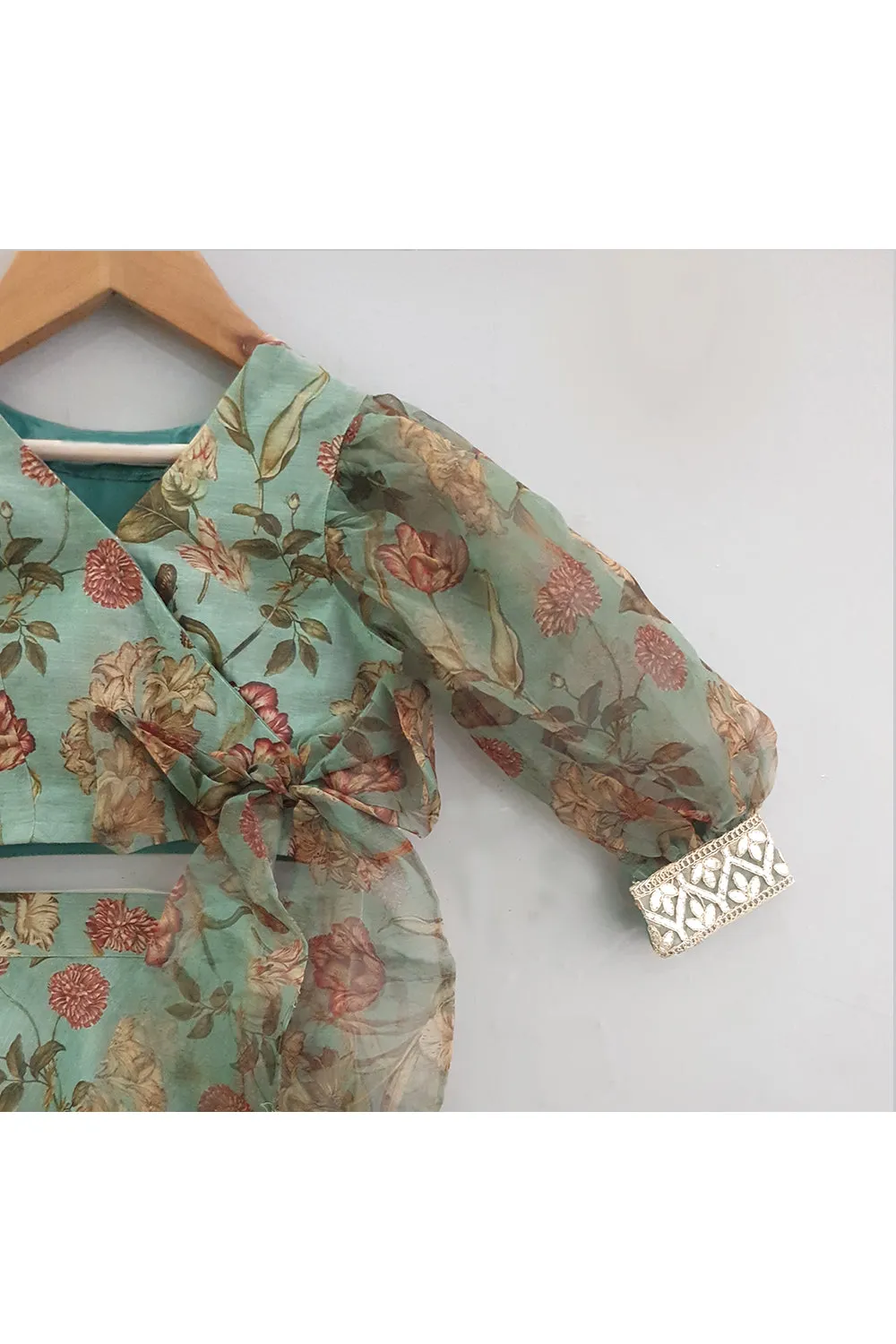 Pastel green color floral printed puff sleeves top with skirt