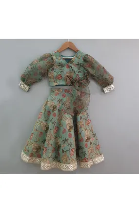 Pastel green color floral printed puff sleeves top with skirt