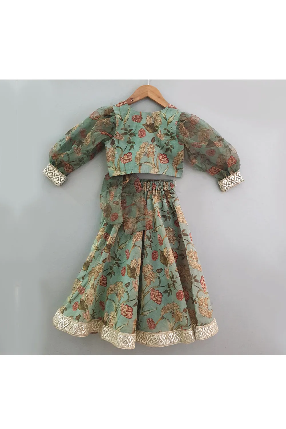 Pastel green color floral printed puff sleeves top with skirt