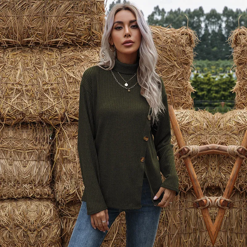 PEOPLETERRITORY Cross-border primer turtleneck thermal pullover knitted T-shirt 2025 button design split fork outer wear sweater autumn and winter women's clothing