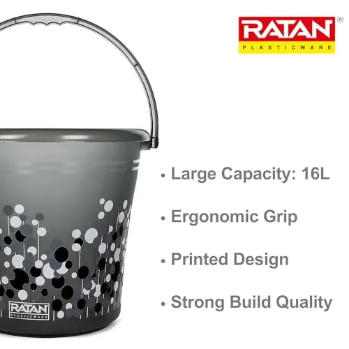 RATAN PLASTICWARE Frosty Bubble Printed 16 Ltrs Plastic Bucket for Bathroom, Home & Kitchen Smokey