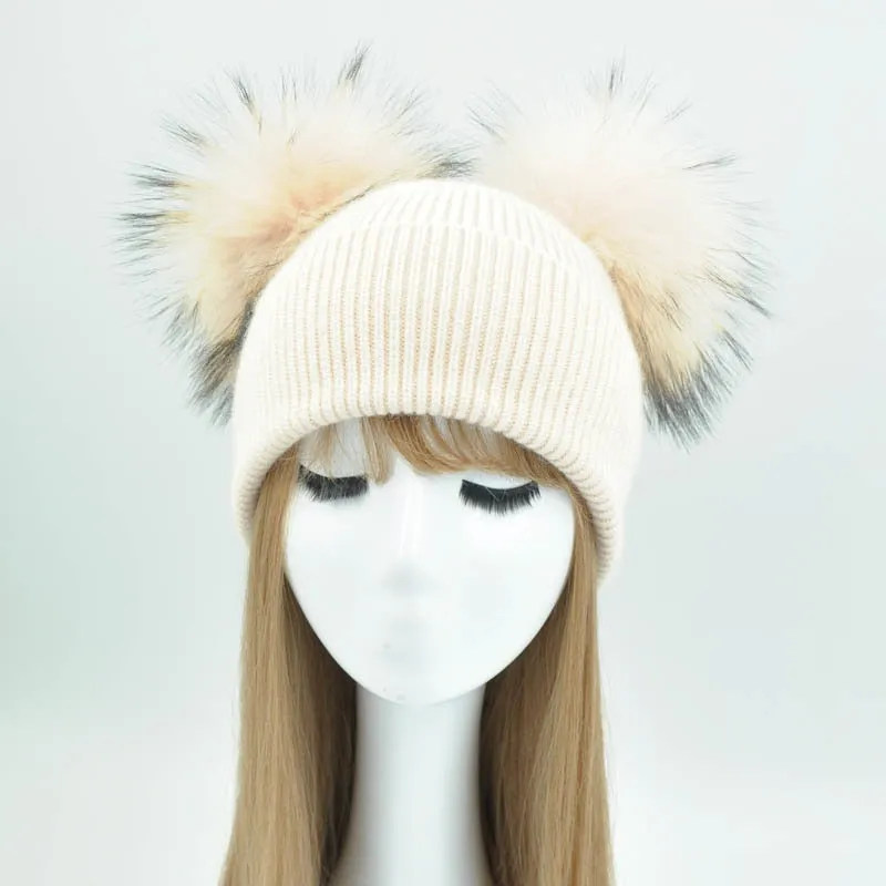 Real Fur Double Pom Pom Beanies (Multi-Colors)