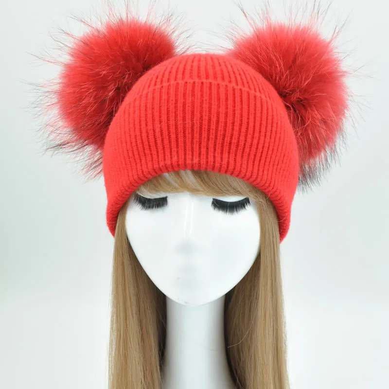 Real Fur Double Pom Pom Beanies (Multi-Colors)