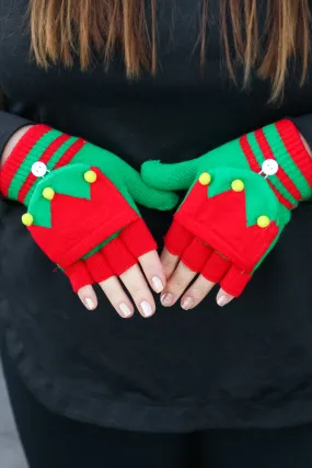 Red & Green Elf Fingerless Gloves with Convertible Mittens