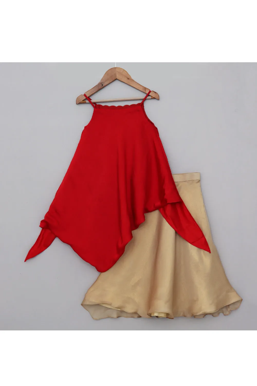 Red Embroidered High Low Sleeveless Top With Golden Skirt Set