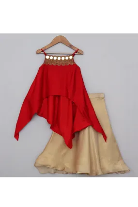 Red Embroidered High Low Sleeveless Top With Golden Skirt Set