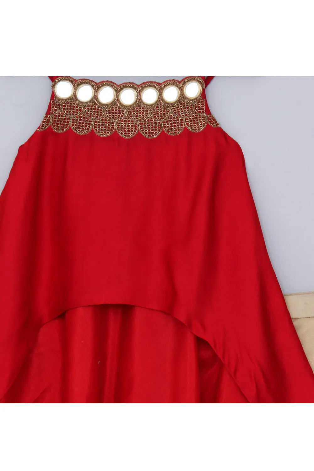 Red Embroidered High Low Sleeveless Top With Golden Skirt Set