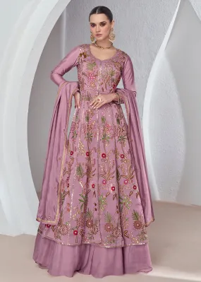 Rose Pink Front Slit Embroidered Lehenga Skirt Suit