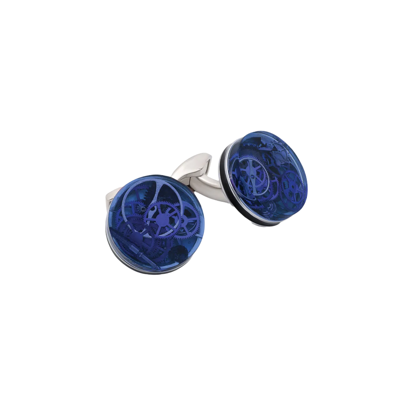 Tateossian Resin Gear cufflinks Marine Blue in clear with rhodium finish