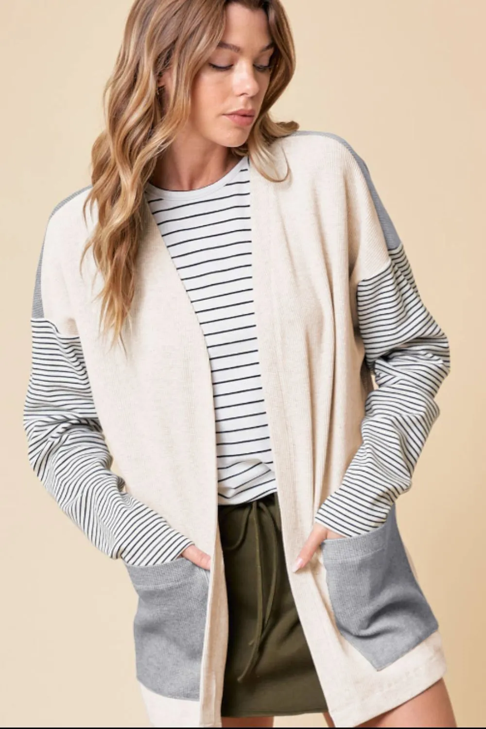 TEEK - Light Grey Open Front Long Sleeve Striped Pocketed Cardigan