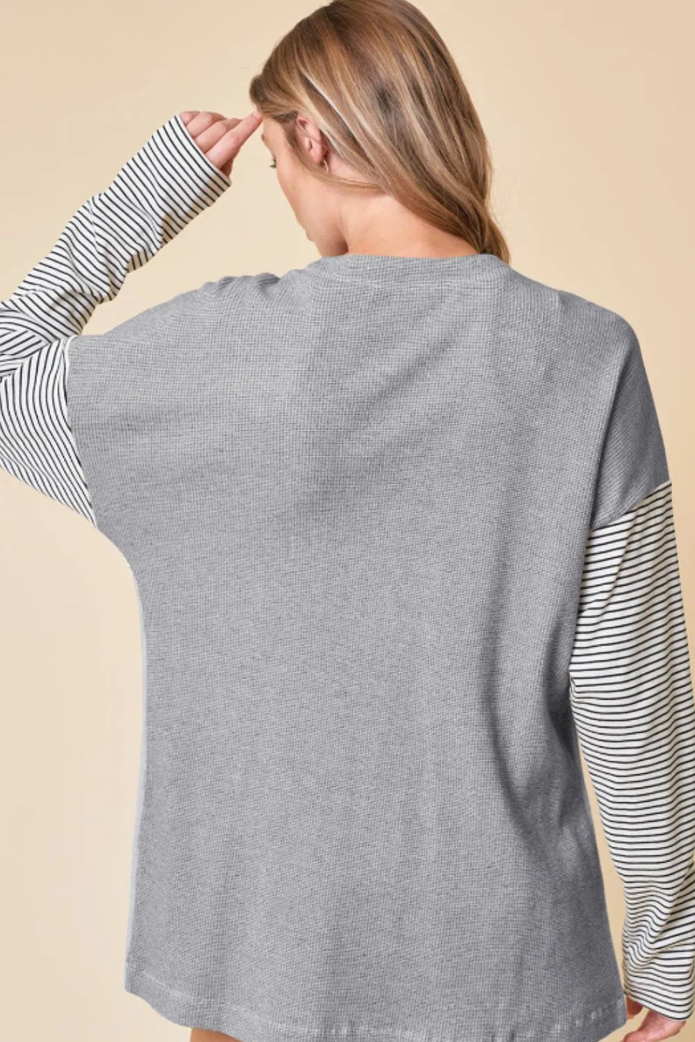 TEEK - Light Grey Open Front Long Sleeve Striped Pocketed Cardigan