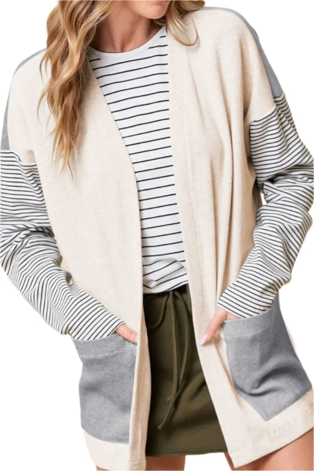 TEEK - Light Grey Open Front Long Sleeve Striped Pocketed Cardigan