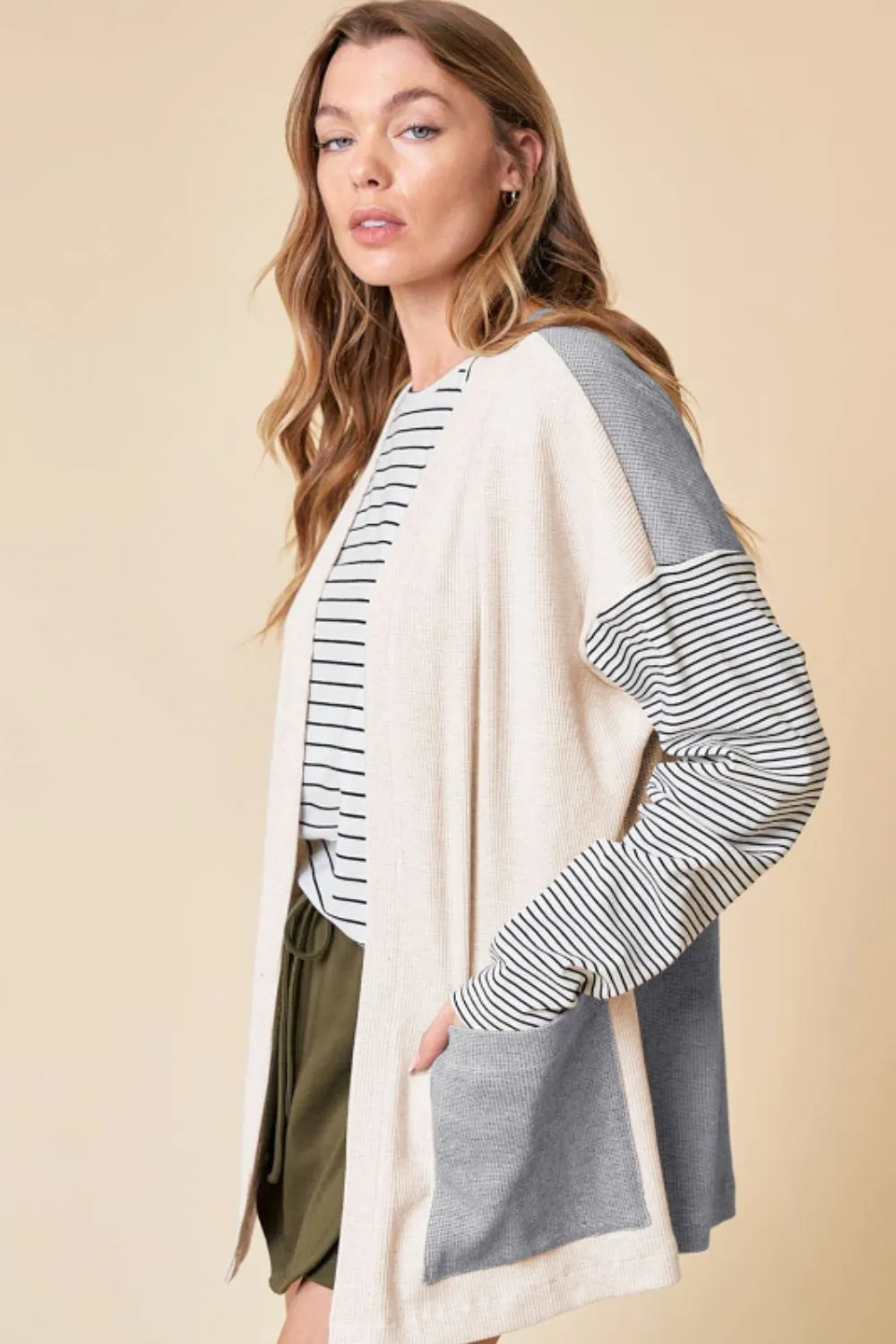 TEEK - Light Grey Open Front Long Sleeve Striped Pocketed Cardigan