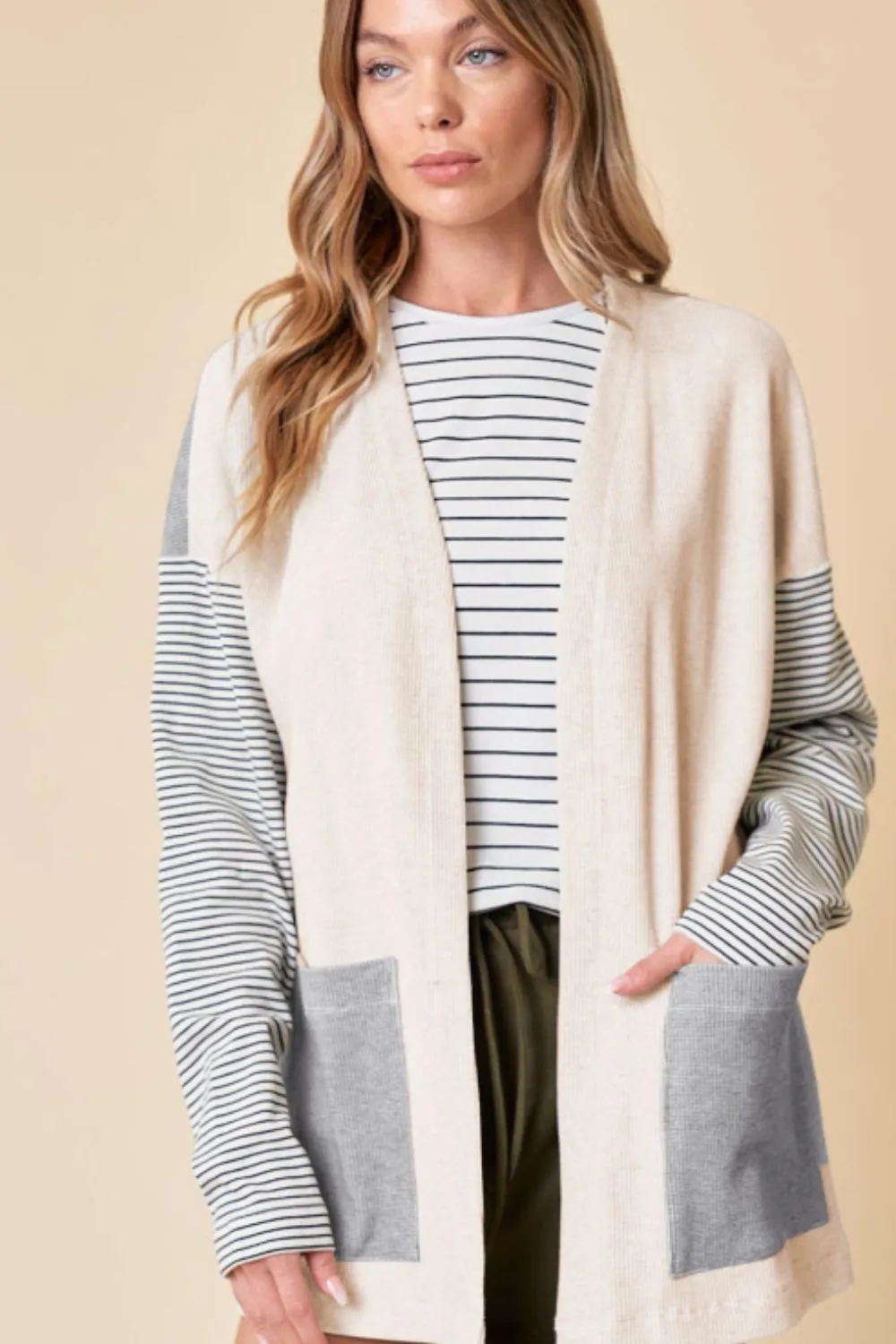 TEEK - Light Grey Open Front Long Sleeve Striped Pocketed Cardigan
