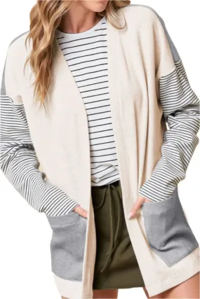 TEEK - Light Grey Open Front Long Sleeve Striped Pocketed Cardigan