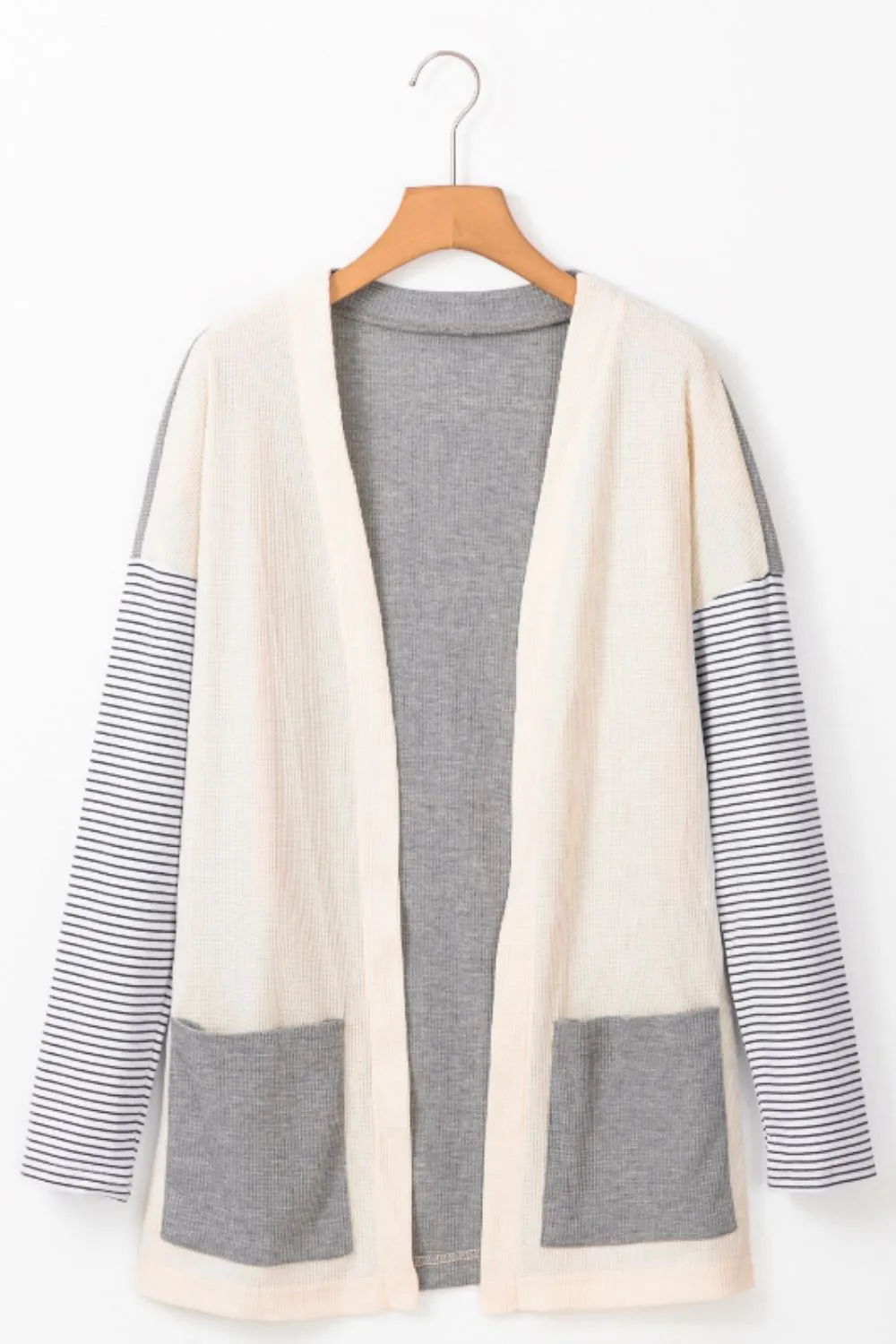 TEEK - Light Grey Open Front Long Sleeve Striped Pocketed Cardigan