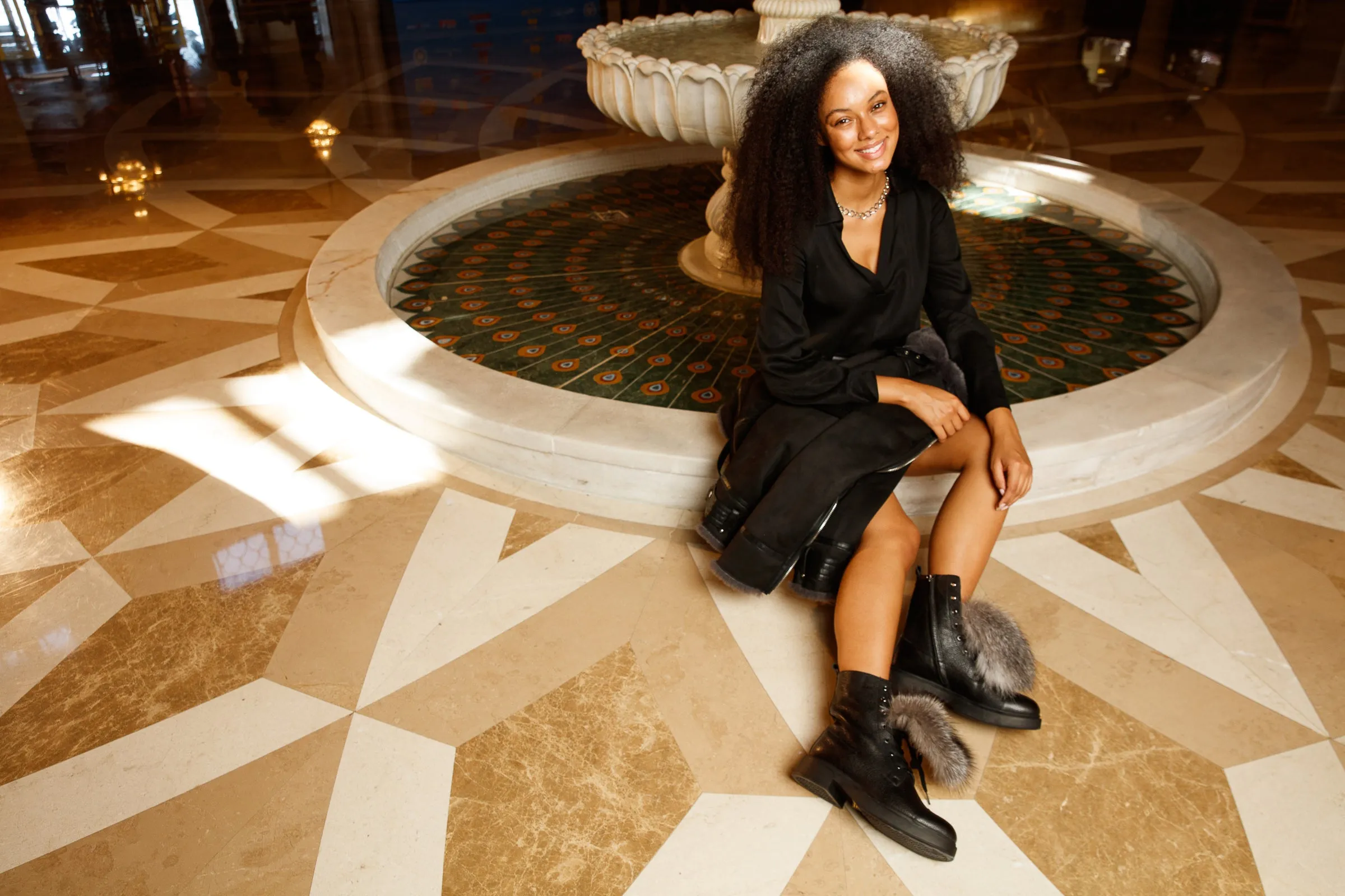 The Kajapati Black Leather Natural Fur Mid Calf Women Boot