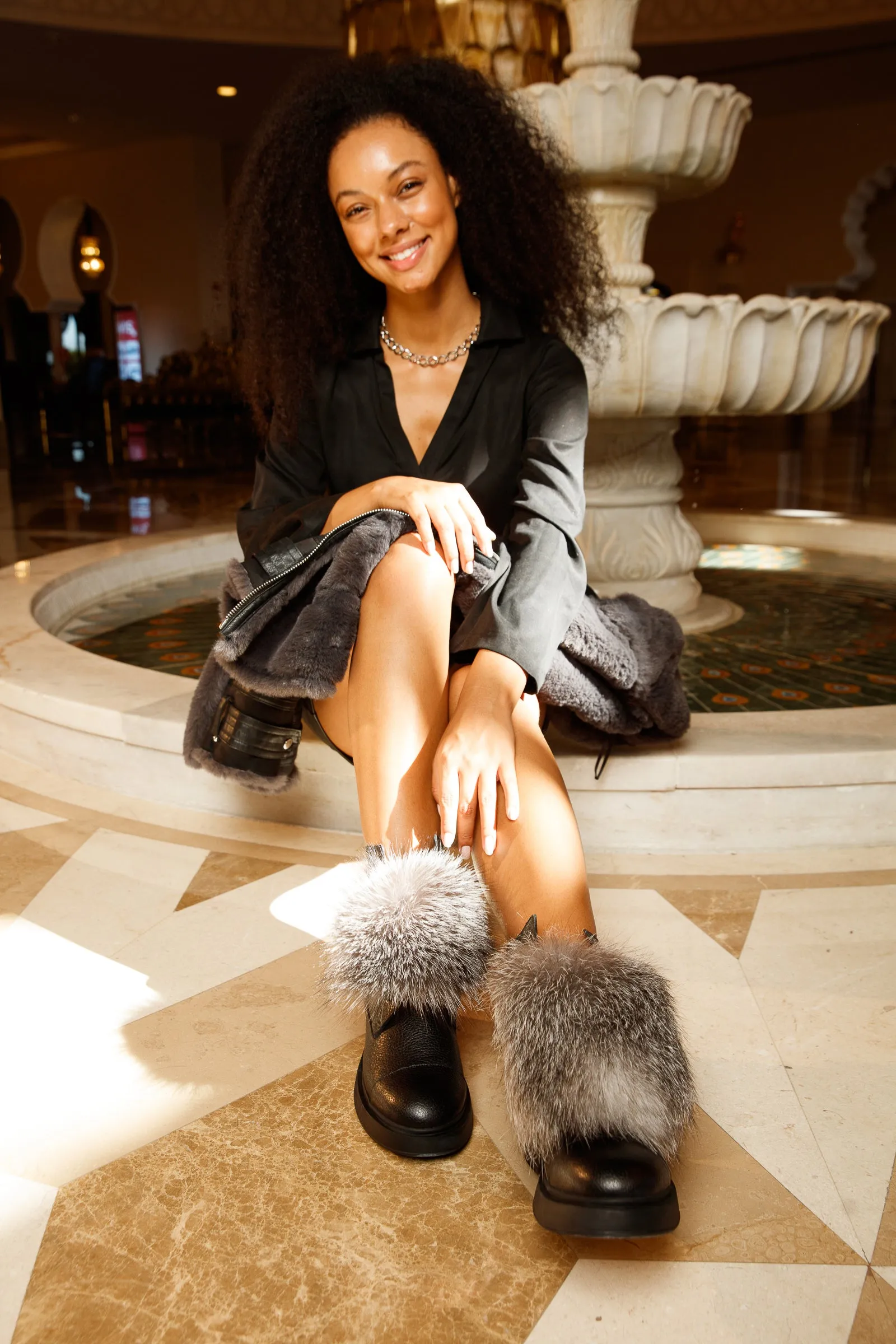 The Kajapati Black Leather Natural Fur Mid Calf Women Boot