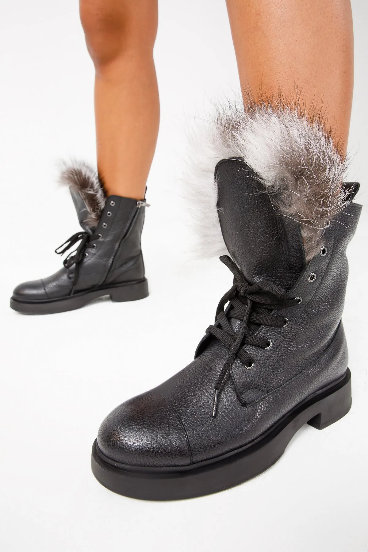 The Kajapati Black Leather Natural Fur Mid Calf Women Boot