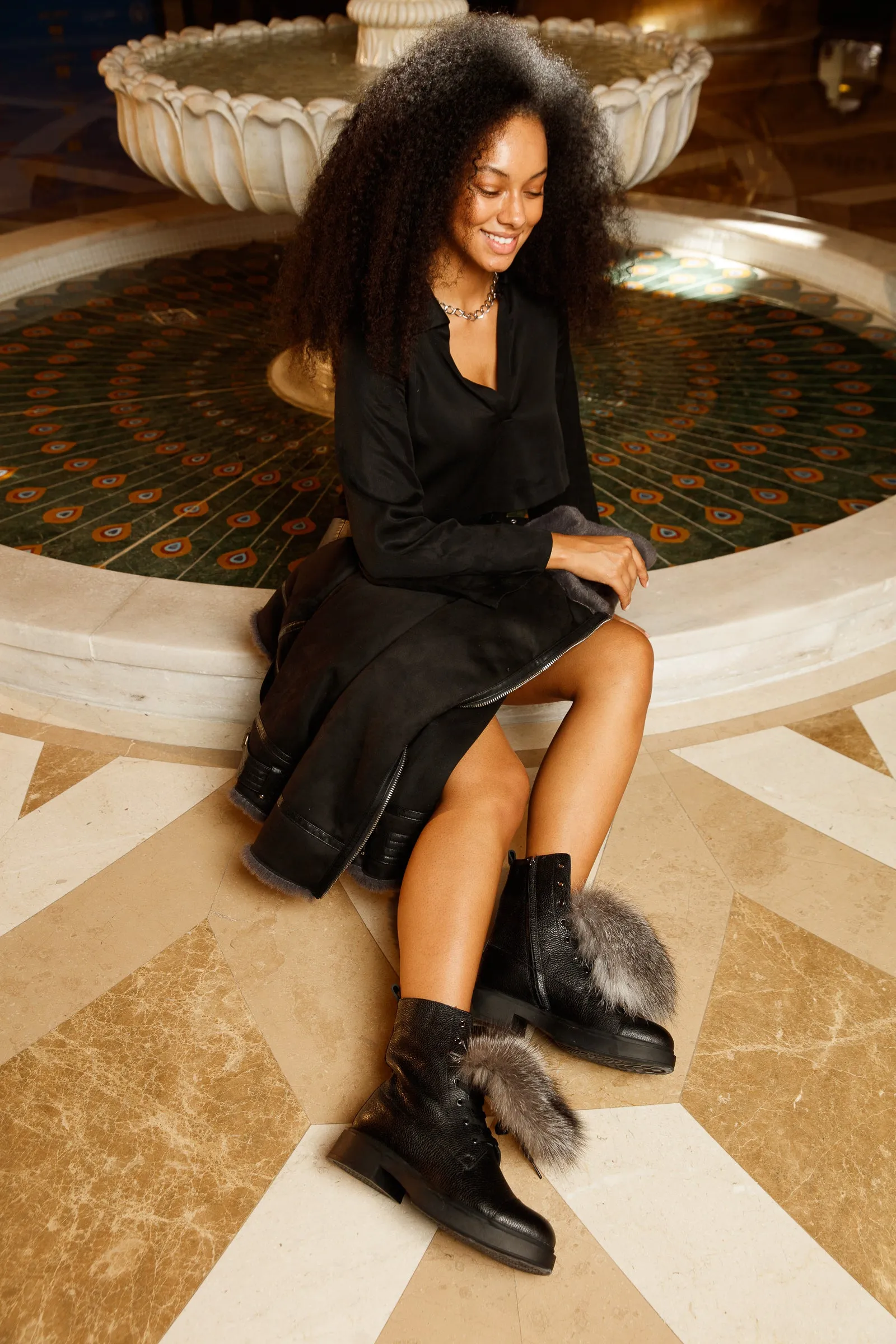 The Kajapati Black Leather Natural Fur Mid Calf Women Boot