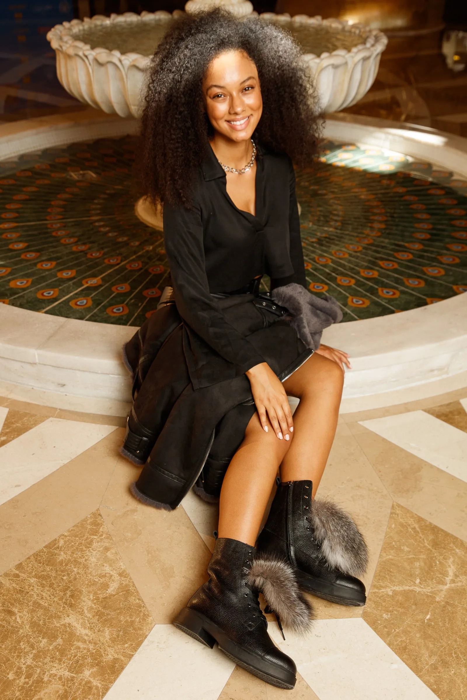 The Kajapati Black Leather Natural Fur Mid Calf Women Boot