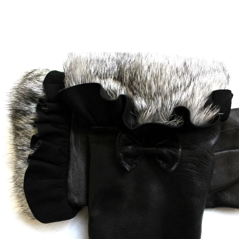 Veronique Minnie Frill - Women's Silk Lined Leather Gloves with Fur Cuffs