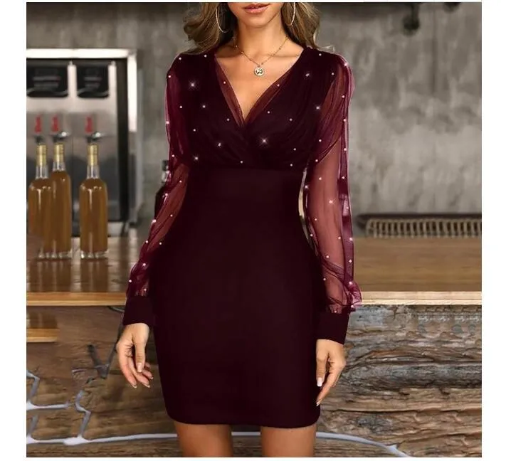Wenkouban Black Shiny Women Dress 2023 Spring Sexy Long Sleeve V-neck Mini Dress Mesh Stitching Short Dresses Party Vestidos Elegant 18333