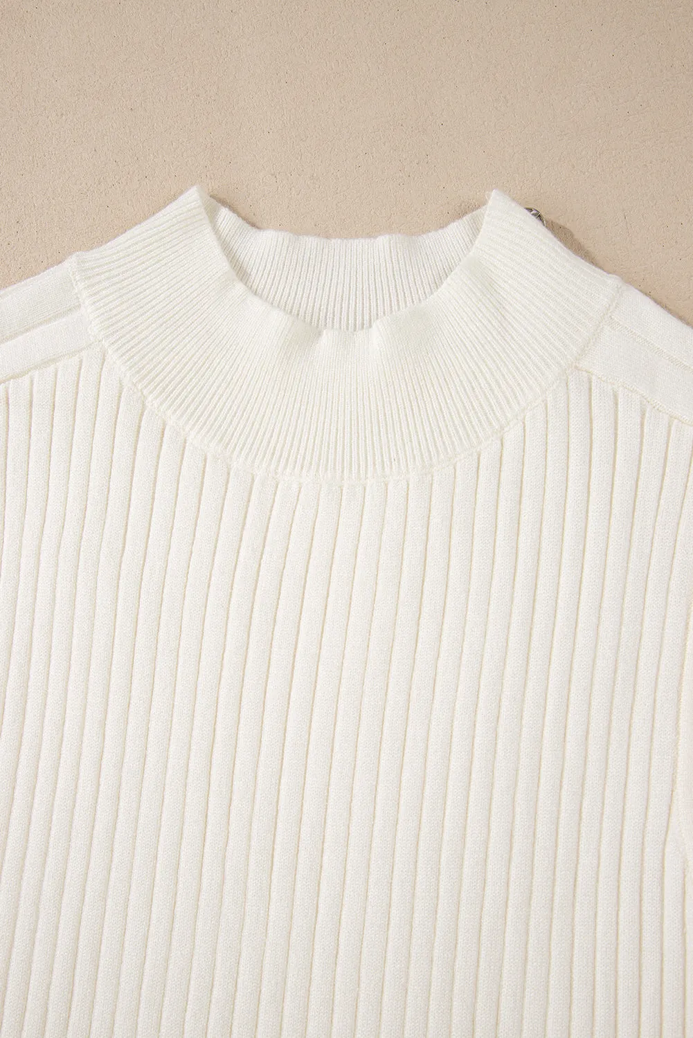 White Ribbed Knit High Neck Sweater Vest