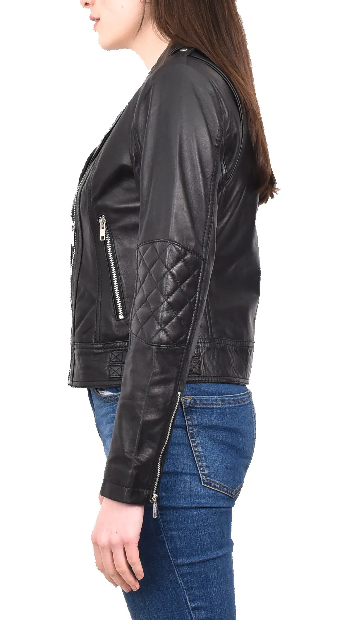 Women's Real Leather Biker Cross Zip Jacket Black Eclara