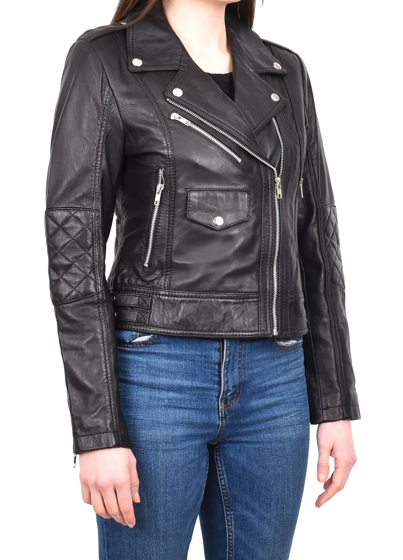 Women's Real Leather Biker Cross Zip Jacket Black Eclara