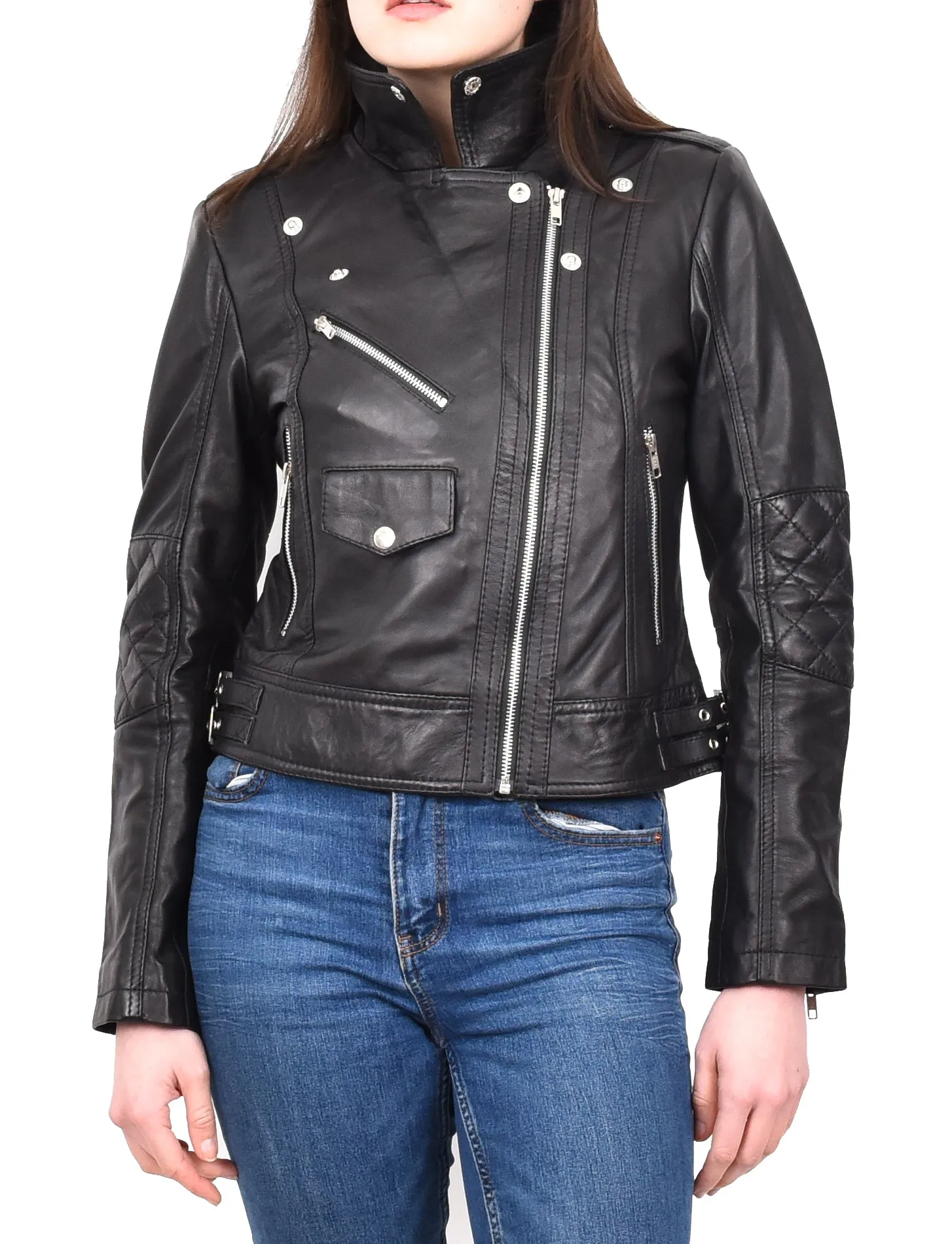 Women's Real Leather Biker Cross Zip Jacket Black Eclara