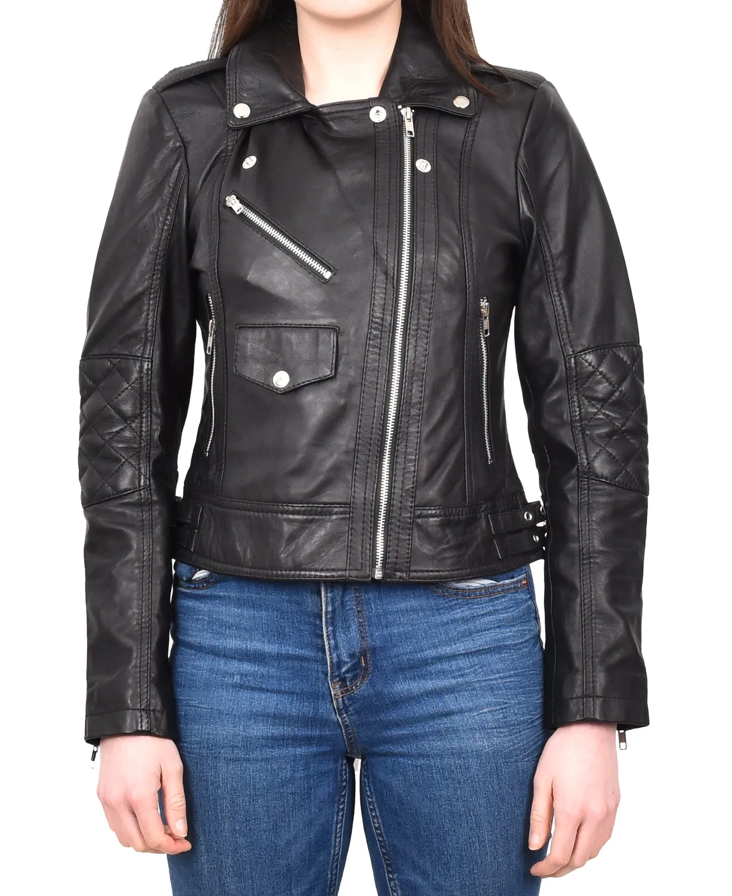 Women's Real Leather Biker Cross Zip Jacket Black Eclara