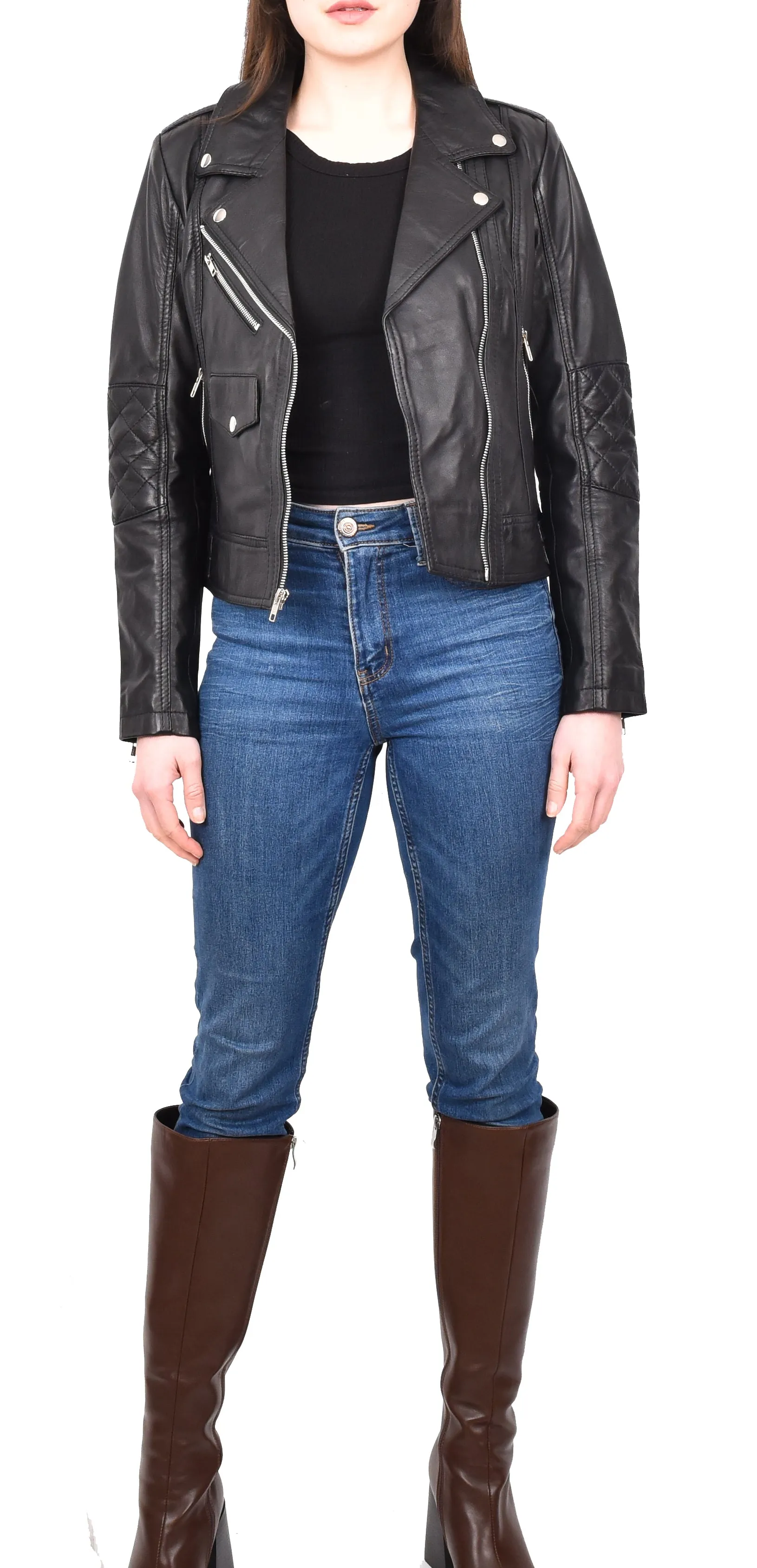 Women's Real Leather Biker Cross Zip Jacket Black Eclara