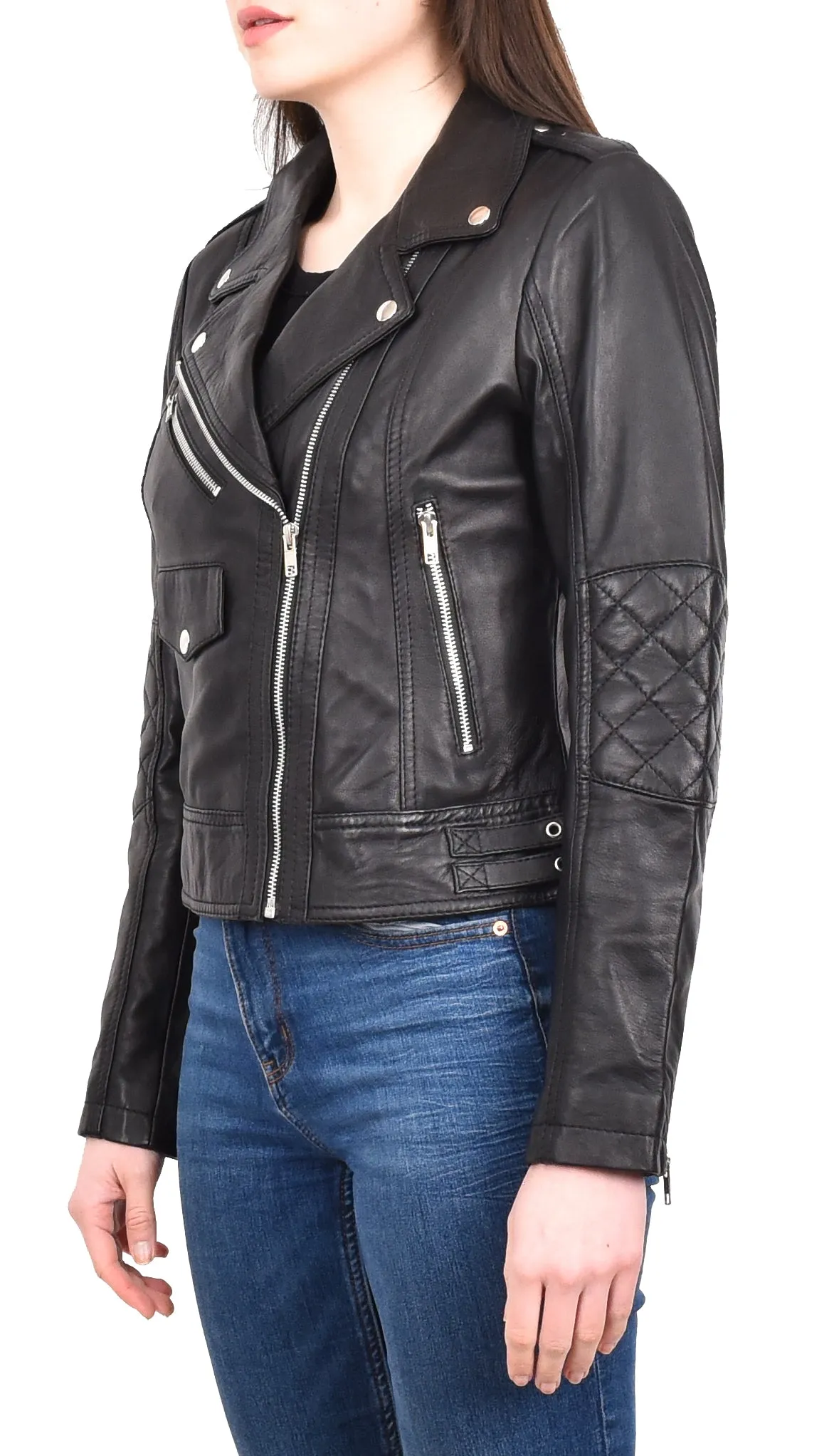 Women's Real Leather Biker Cross Zip Jacket Black Eclara