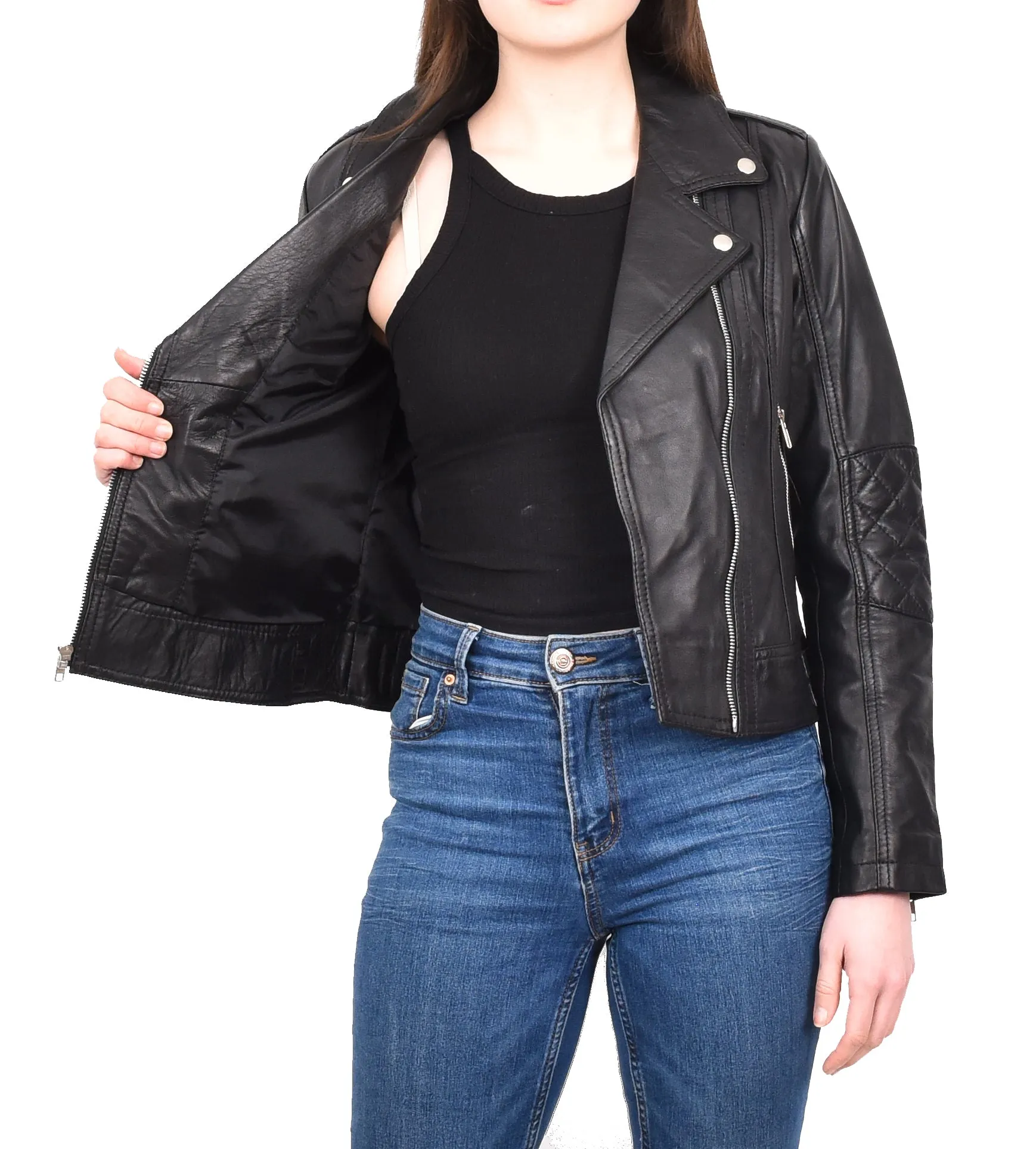 Women's Real Leather Biker Cross Zip Jacket Black Eclara