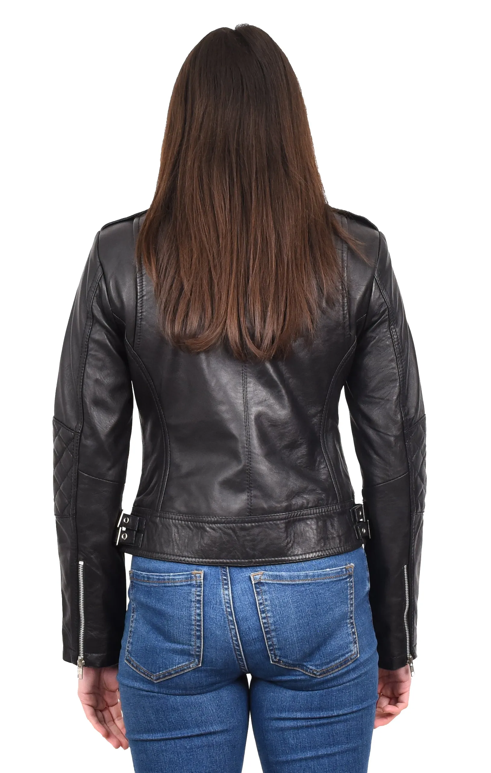 Women's Real Leather Biker Cross Zip Jacket Black Eclara
