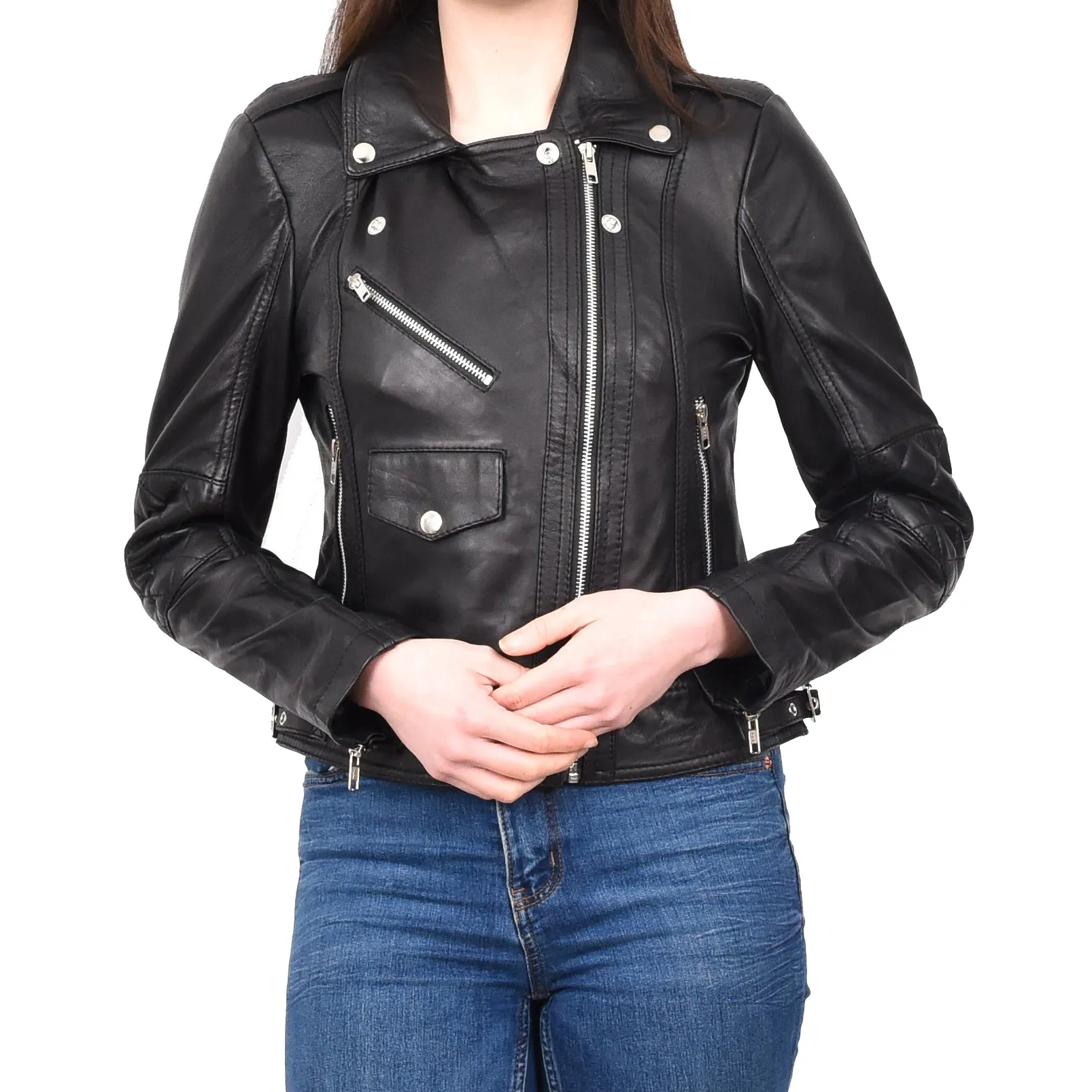 Women's Real Leather Biker Cross Zip Jacket Black Eclara