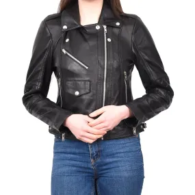 Women's Real Leather Biker Cross Zip Jacket Black Eclara